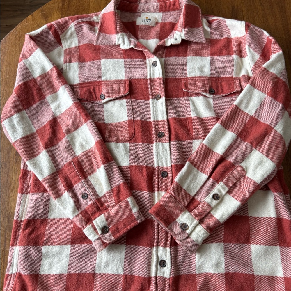 Marine Layer Red and White Plaid Button-Down Shirt Jacket
